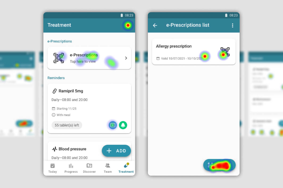 Image of heat maps taken during user testing of MyTherapy's new eRx feature