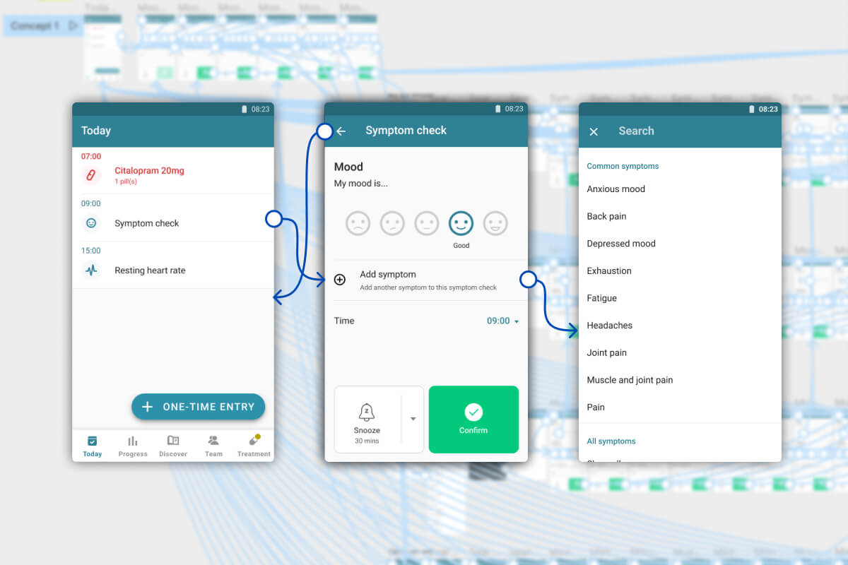 screenshots of wireframes showing how users can interact with MyTherapy's new symptom tracker